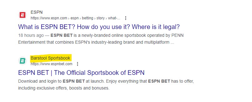 SERP of ESPN Bet showing Barstool Sportsbook