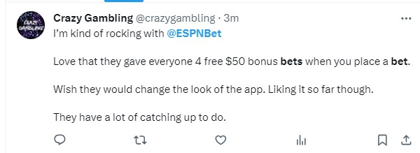 User praising the bonus bets at ESPN Bet