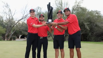 TUCSON, ARIZONA - MARCH 19: Overall team winners;(L-R) Carlos Ortiz, Abraham Ancer, captain Sergio Garcia and Eugenio Chacarra of Fireballs GC pose with the trophy during Day Three of the LIV Golf Invitational - Tucson at The Gallery Golf Club on March 19, 2023 in Tucson, Arizona.   Christian Petersen/Getty Images/AFP (Photo by Christian Petersen / GETTY IMAGES NORTH AMERICA / Getty Images via AFP)